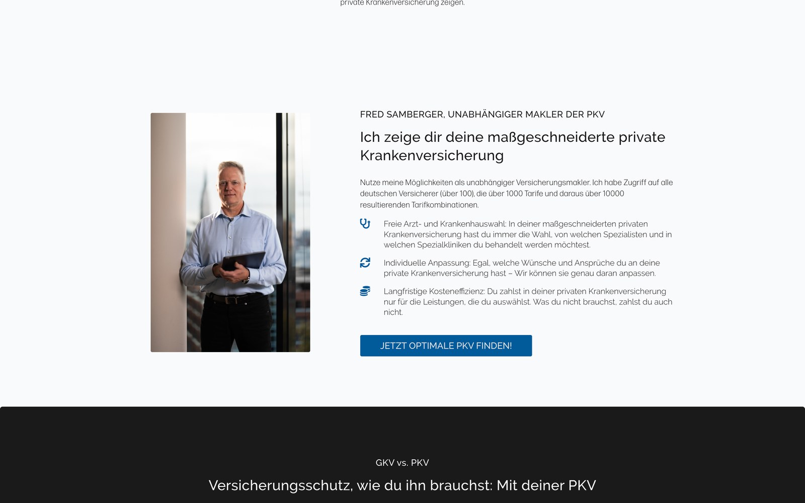 Über-uns-Bereich: „Fred Samberger, unabhängiger Makler der PKV“