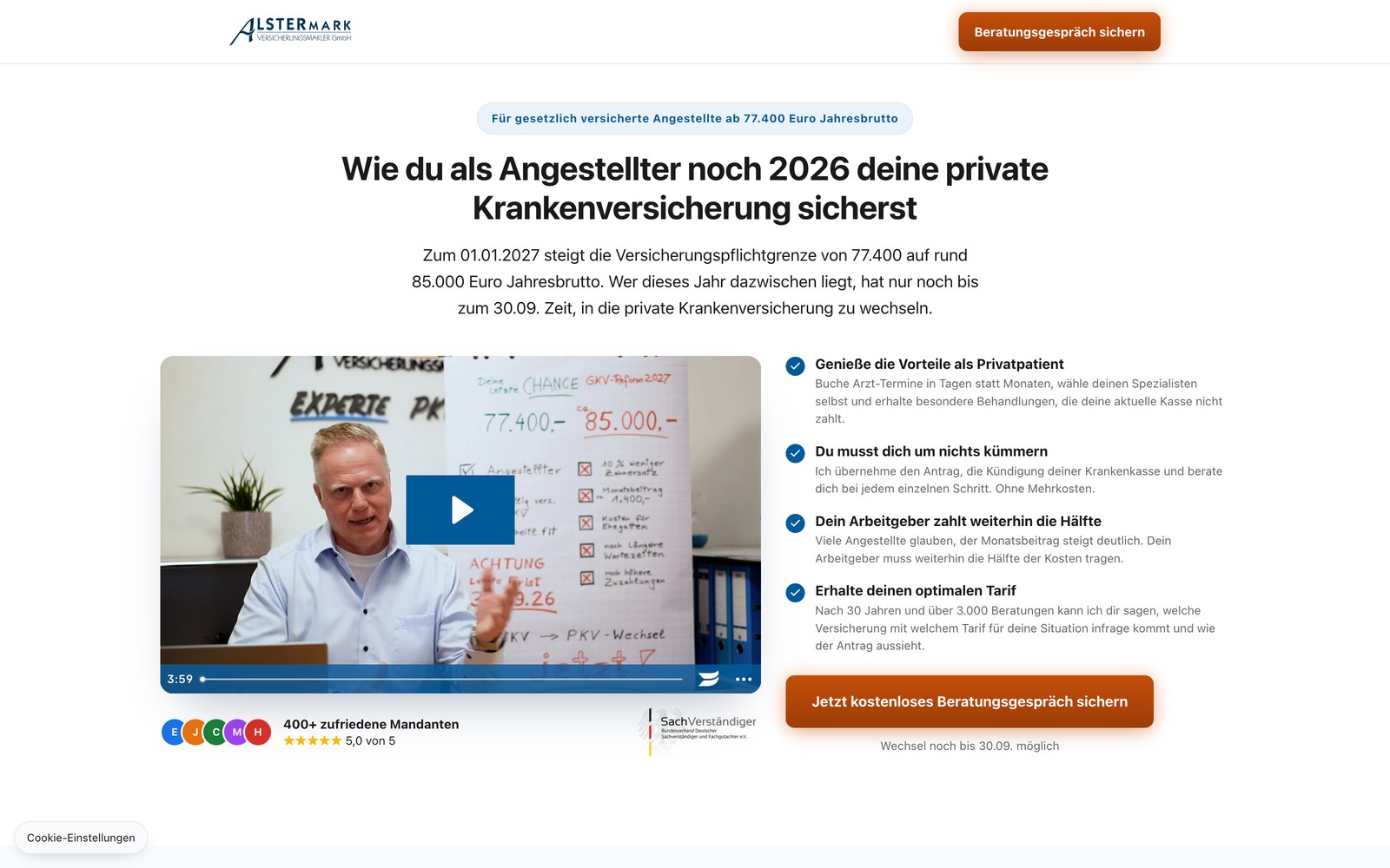 ALSTERmark-Landingpage zum Thema private Krankenversicherung für Angestellte 2026