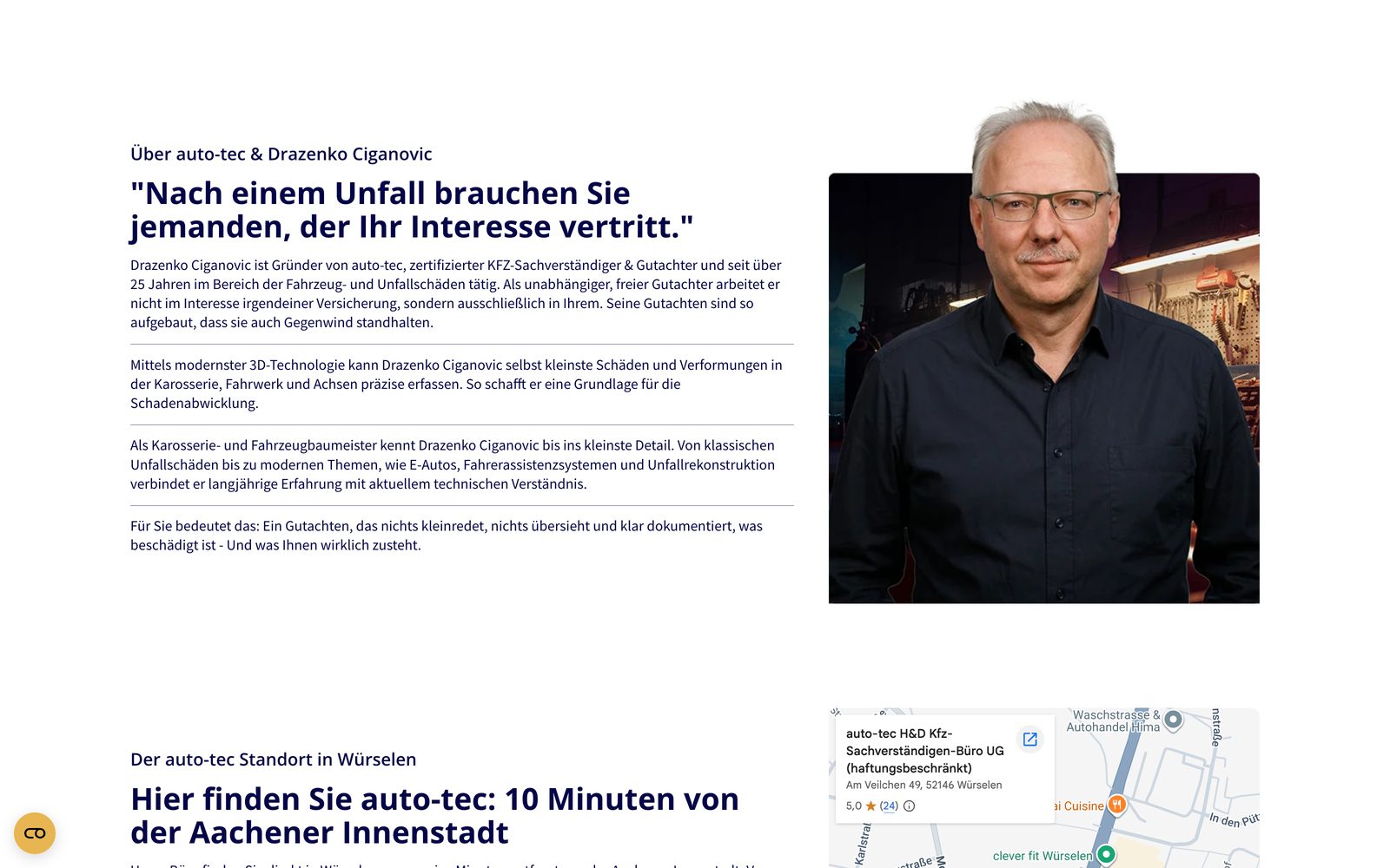 Über-uns-Bereich mit Porträt und Standort von auto-tec in Aachen