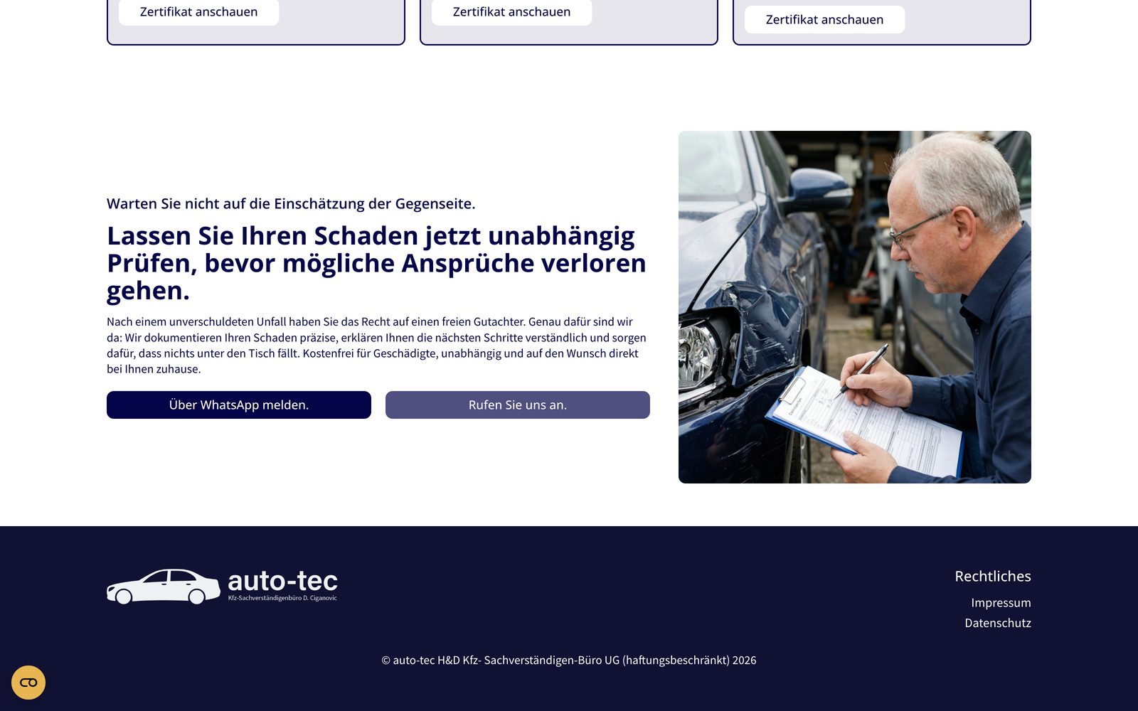 Zertifikats- und Kontaktbereich der auto-tec Website